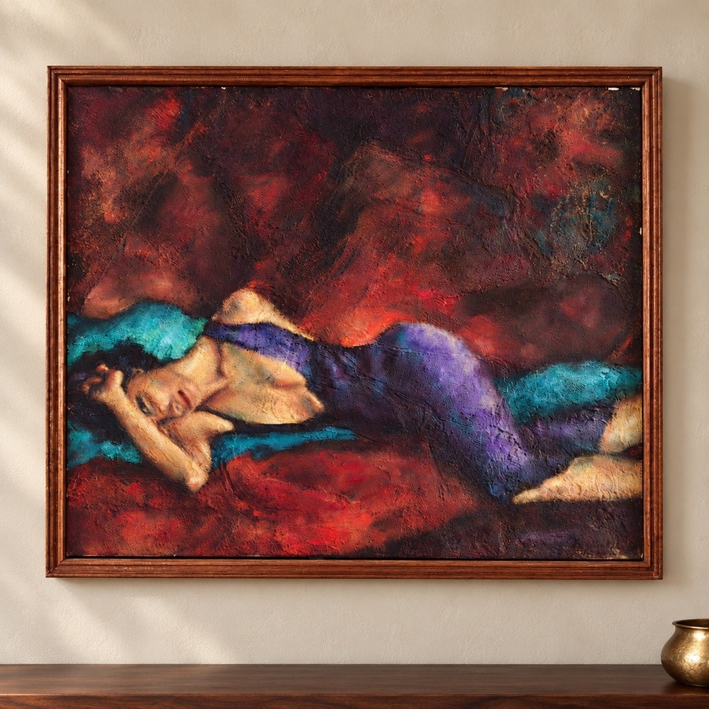 Doris White Original Painting Textured Figurative Woman Framed Dark Academia Art
